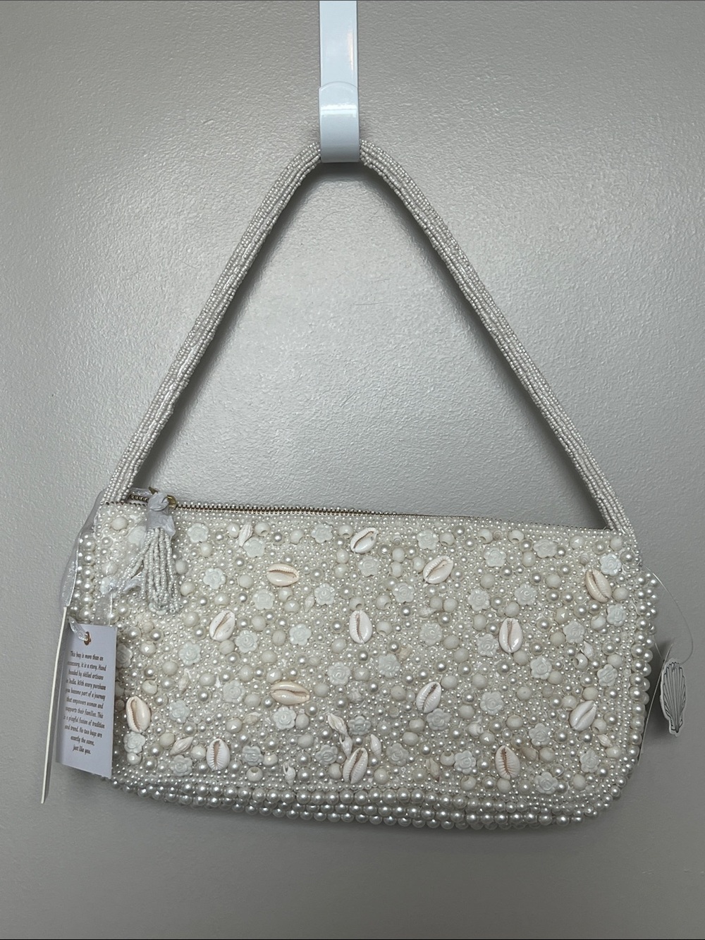 Handed Beaded Shell and Pearl Shoulder Bag with Zipper Closure, NWT